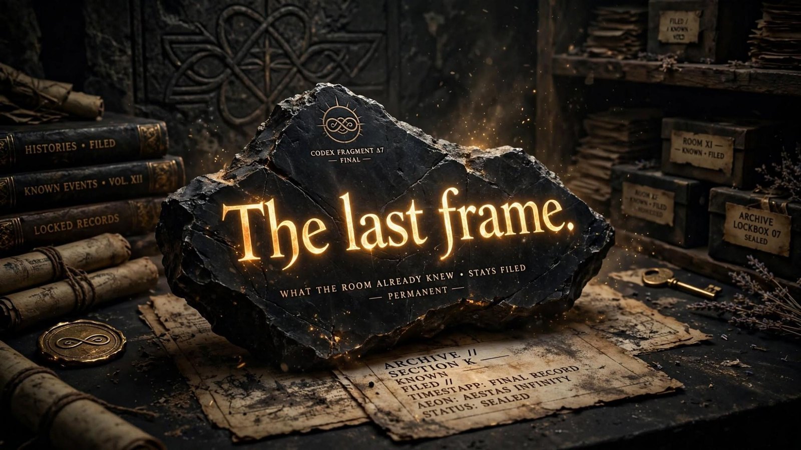 A stone reads The last frame. What the room already knew stays filed. Permanent.