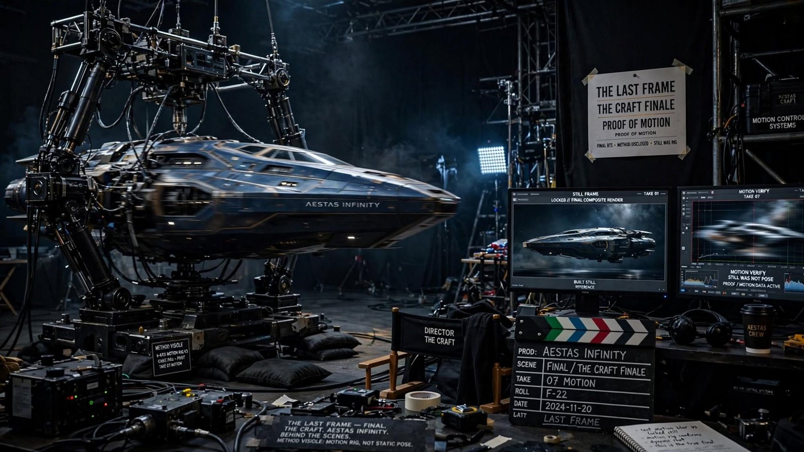 A ship on a motion rig. The board says the still was not a pose. The method stays visible.
