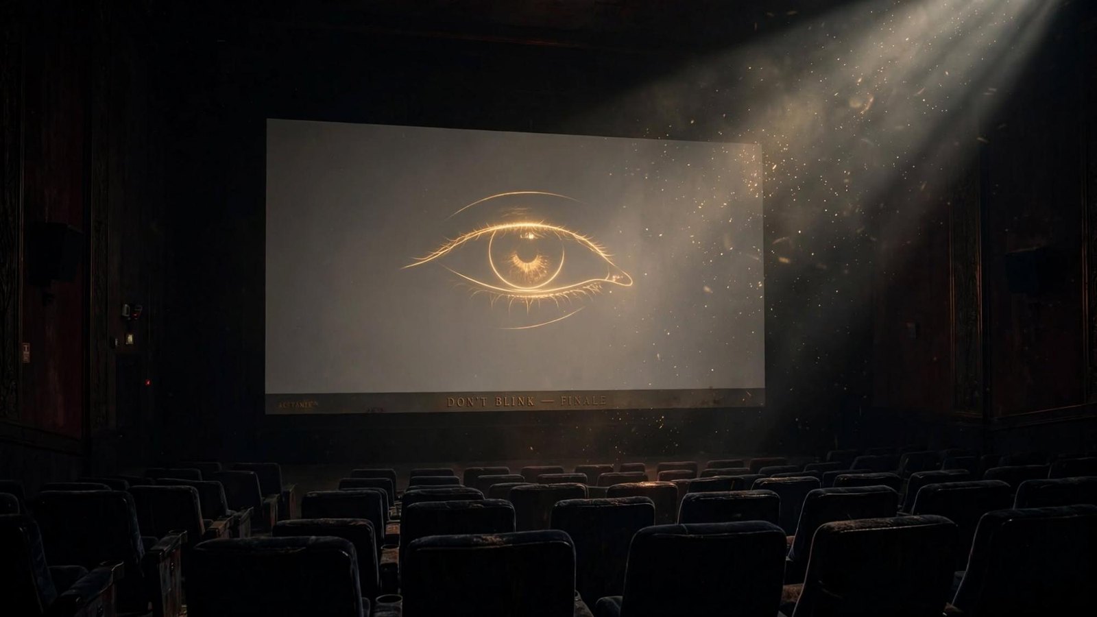 A cinema. The screen holds an eye that does not blink. The line reads Don't Blink, finale.