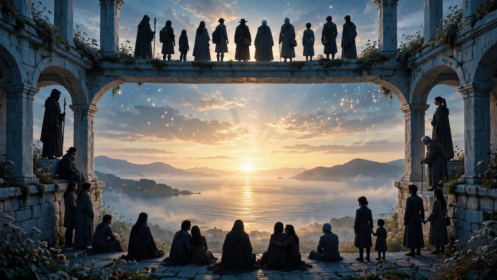 Figures kept at the edge of a last light. They are not arranged as a cast.