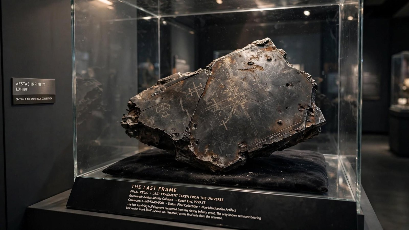 A hull fragment in a case. The label calls it the last relic, not merchandise. A piece that survived the cut.