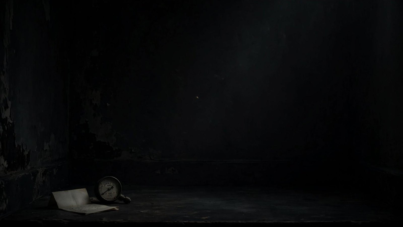A dark room after the last shot. A gauge reads final. Almost nothing else remains.