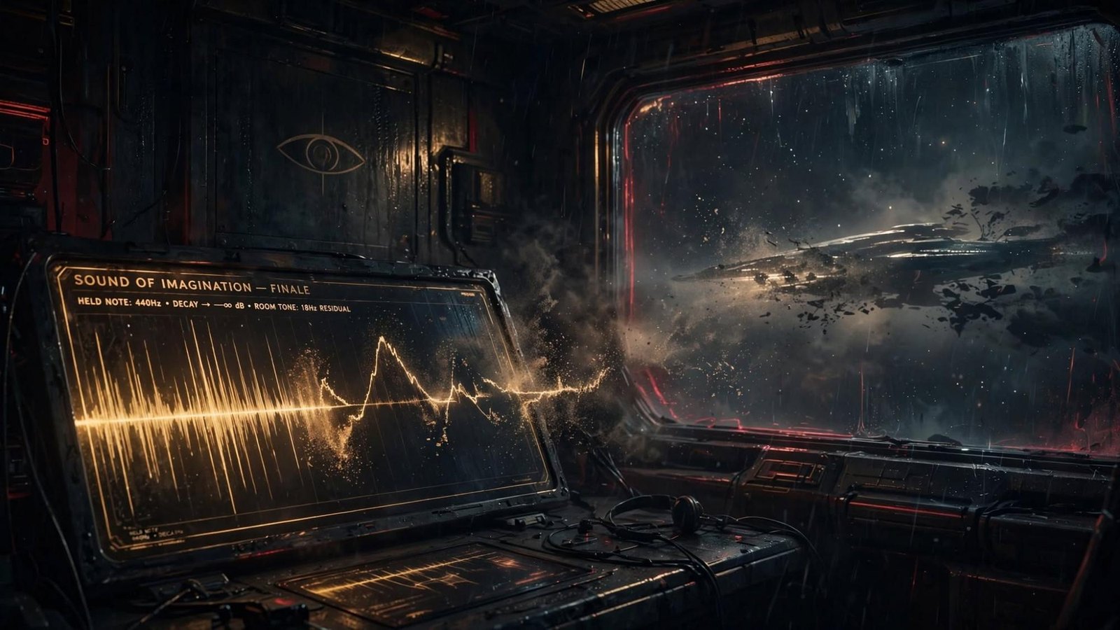 A console under a porthole. The screen reads Sound of Imagination, finale. A held note, then the residual of a ship.