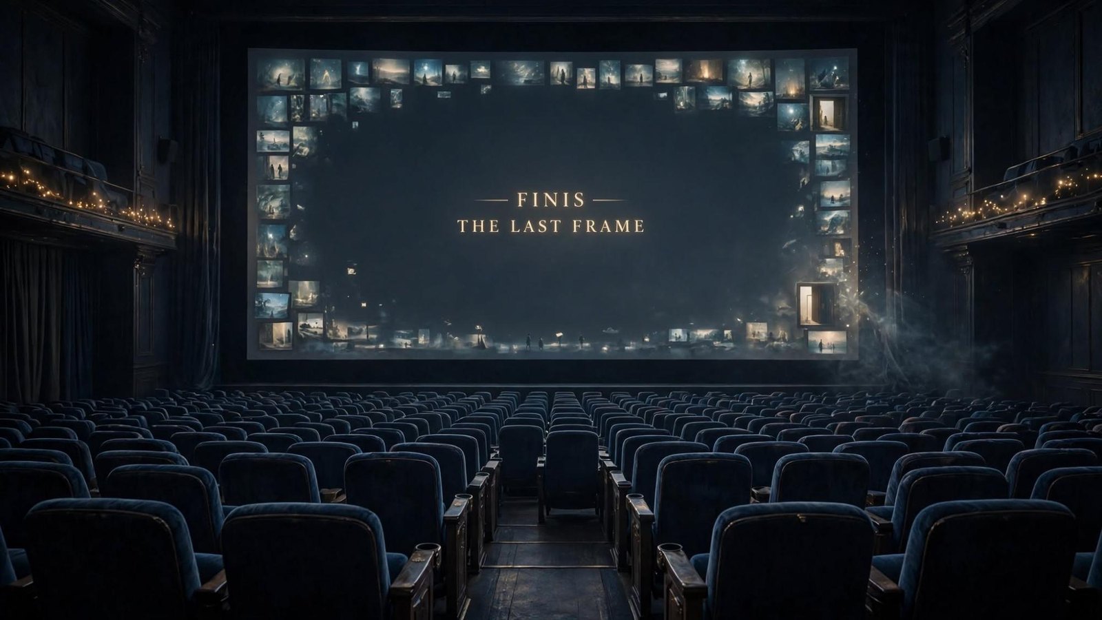 An empty cinema. The screen holds the last frame. The line under it reads finis.