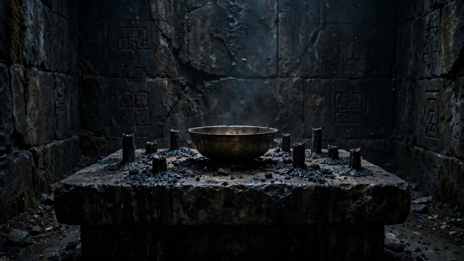 The candles are stubs. The bowl sits alone. The smoke is almost gone.