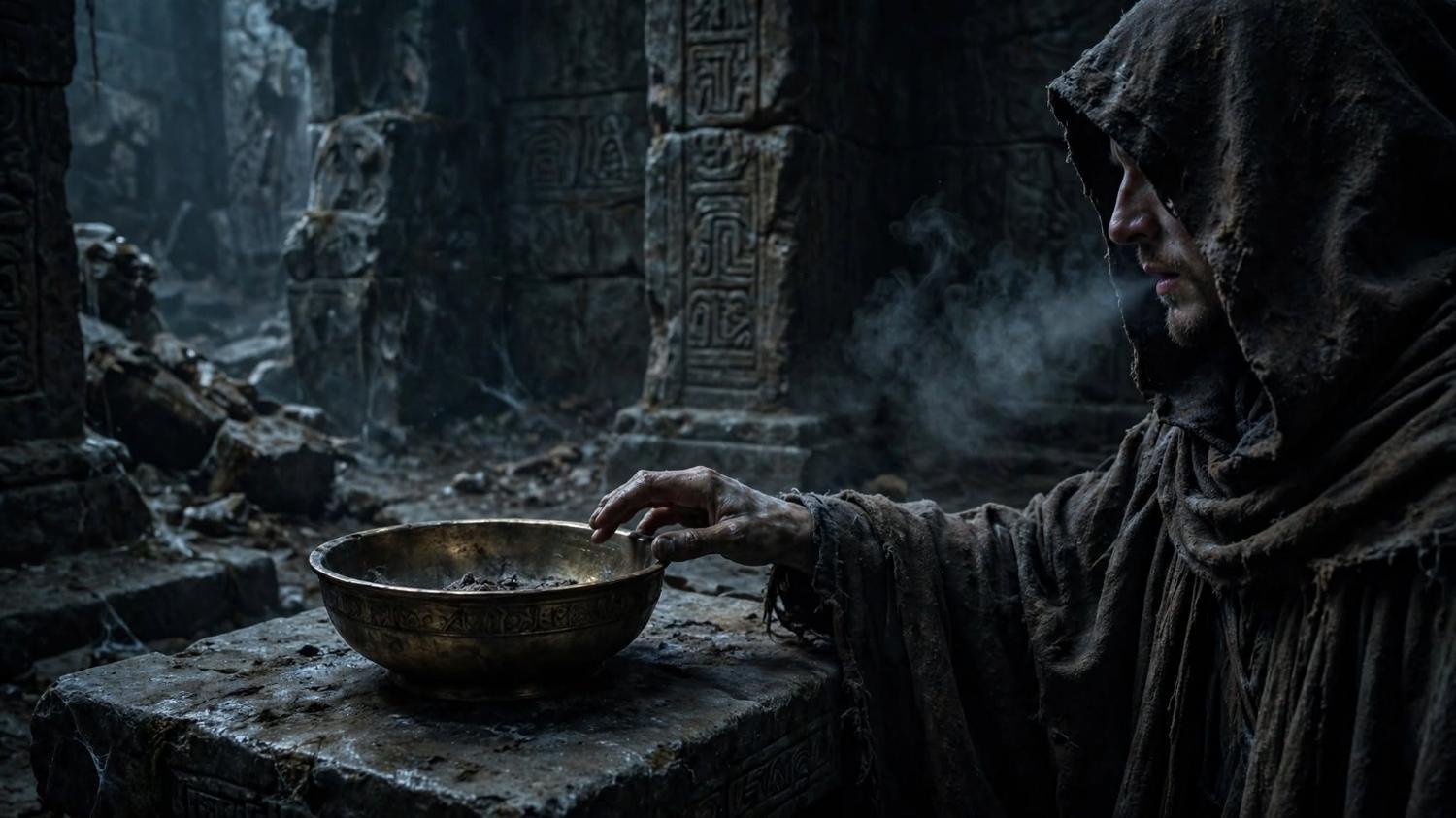 A hood at the edge. The hand stops at the bowl. Breath in the cold.