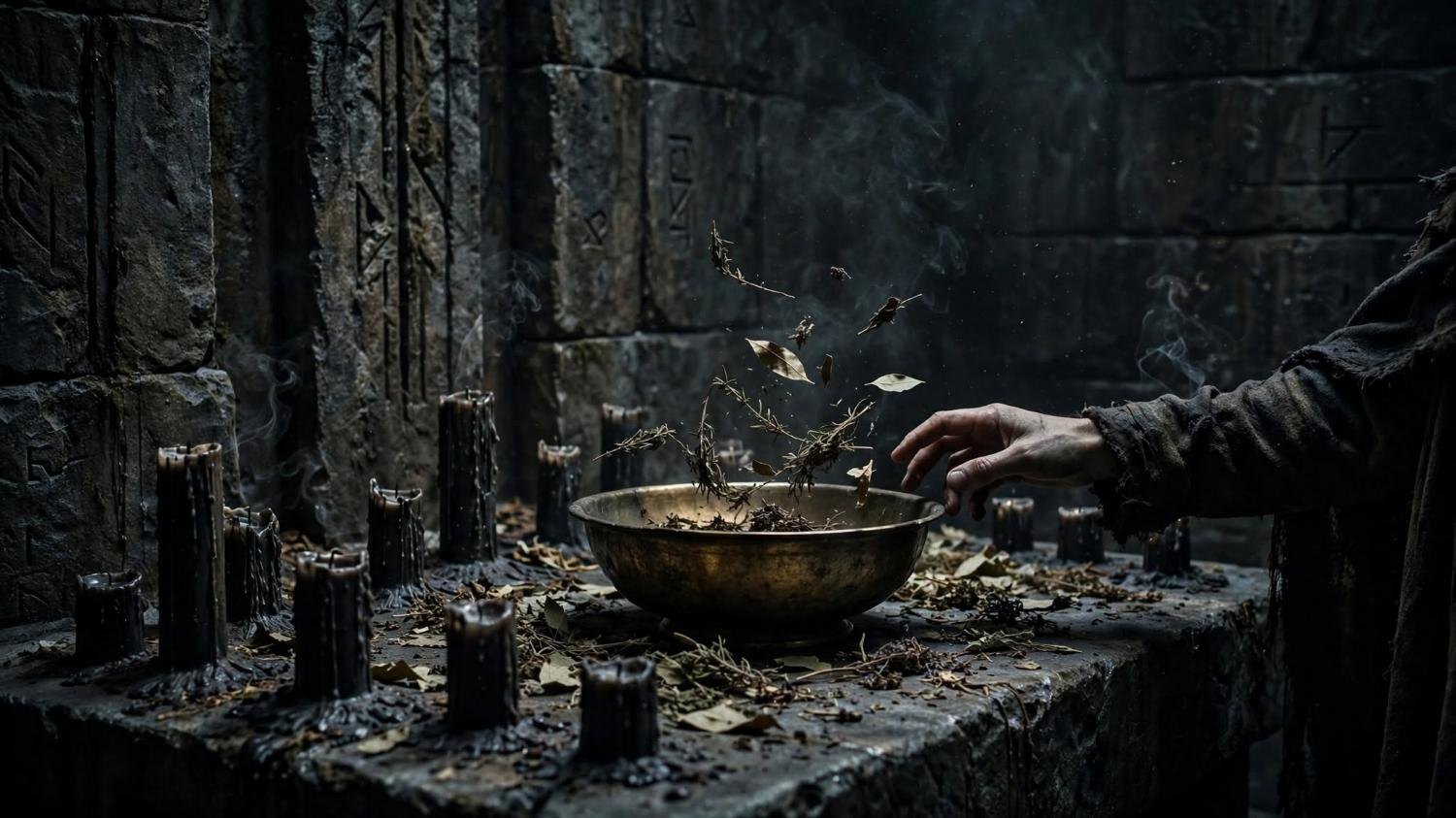 Dried herbs rise once from a brass bowl. Black candles. A hand almost at the rim.