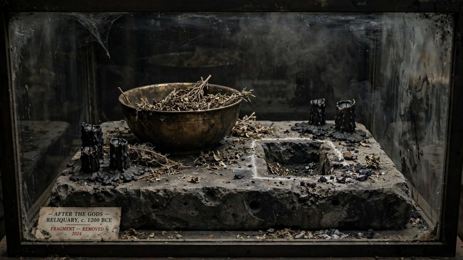 The brass bowl and the burned candles, taken out of the altar room.