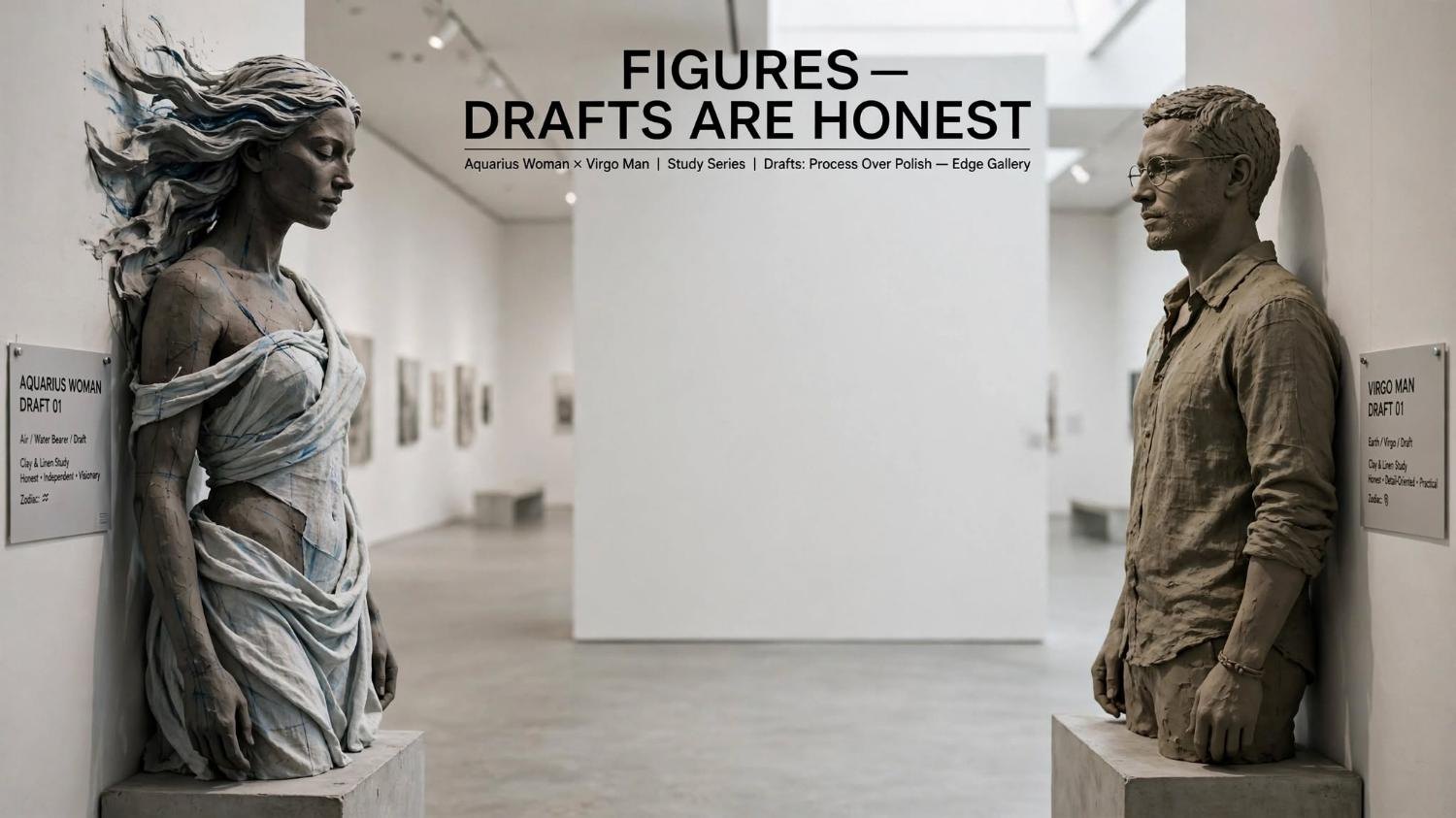 Two drafts at the edge of the gallery. Clay, not a cast list.