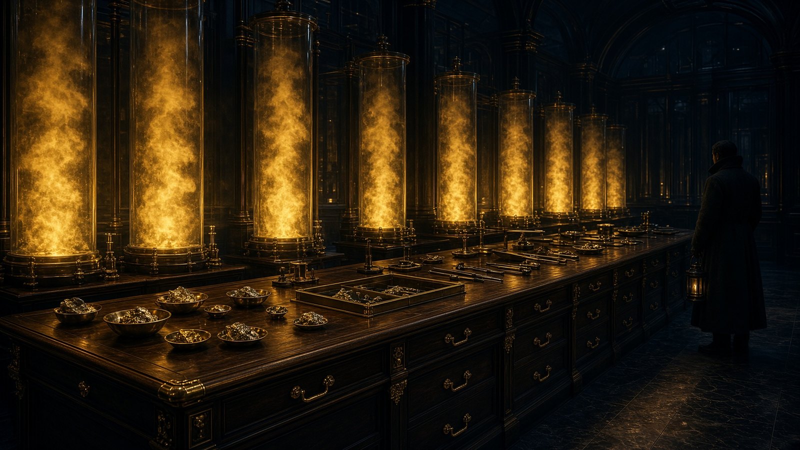 A sorting desk in the vault, the figure small at the right, the lantern still dark.