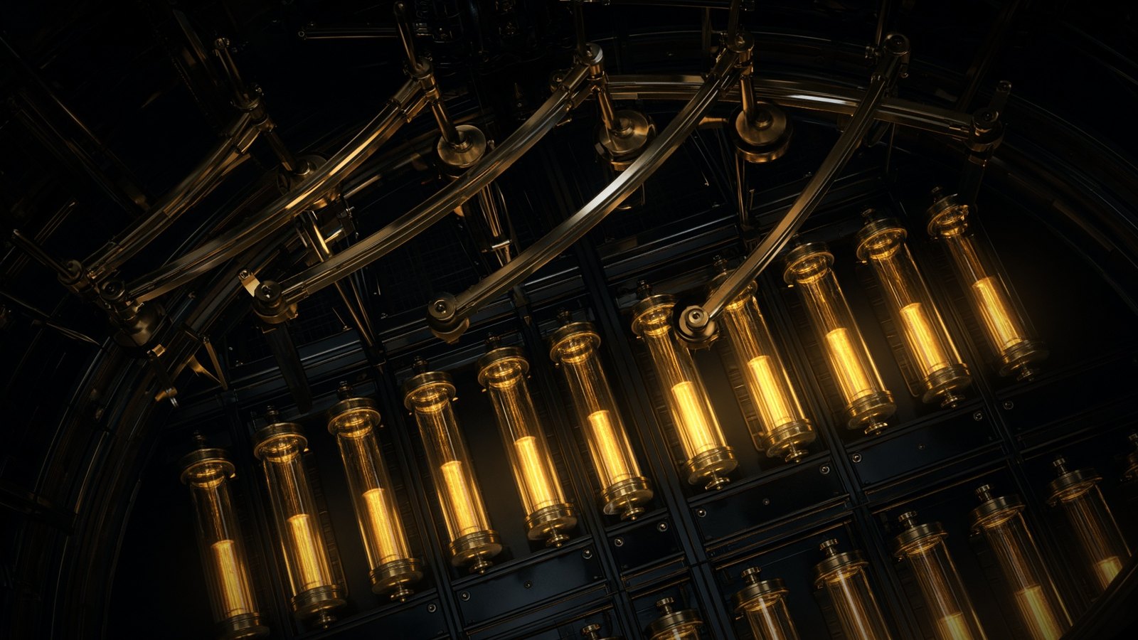 Brass pendulum arms above the cylinders, the vault otherwise still.