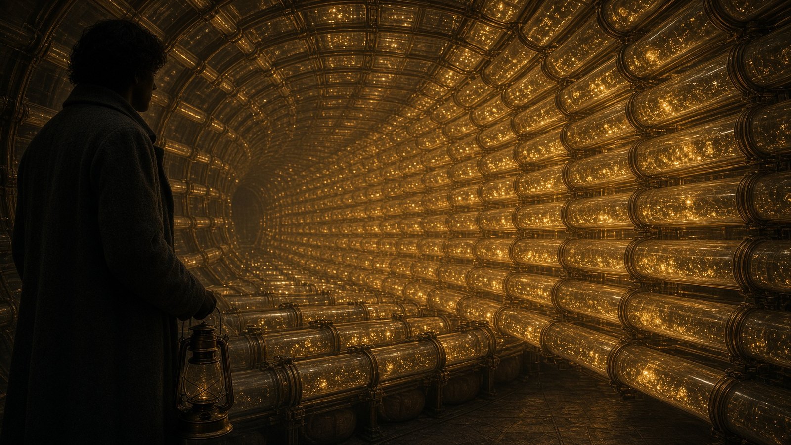 The figure in a wool coat at the edge of the cylinders, face turned away.