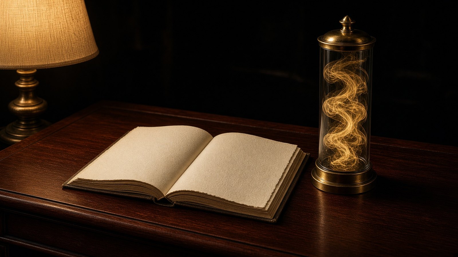 An open blank ledger beside one cylinder of gold vapor.