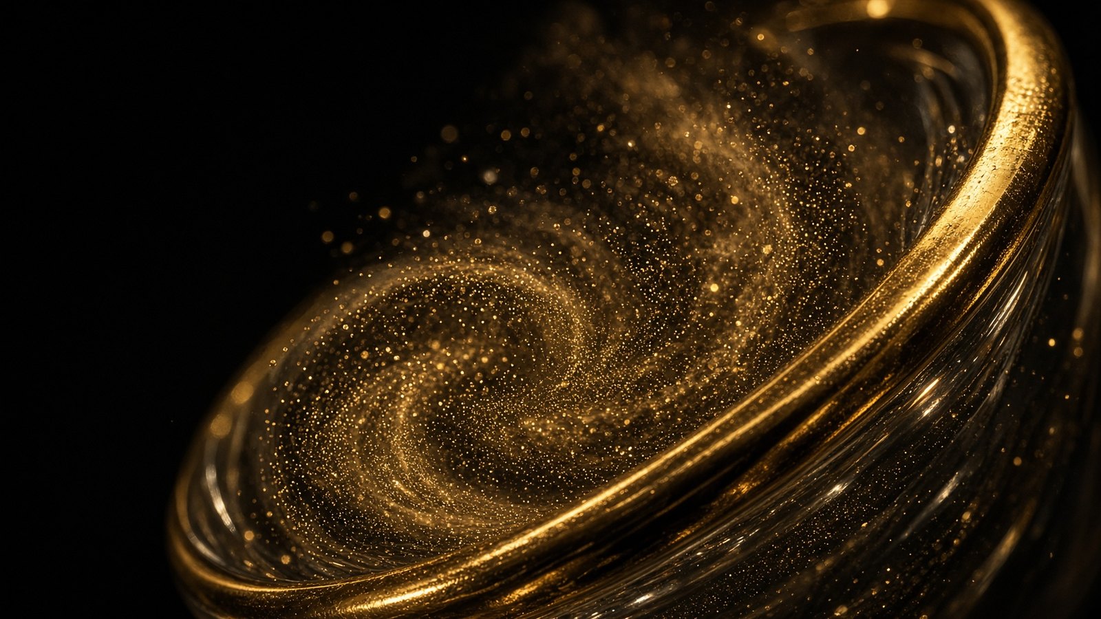 Gold dust moving inside thick glass, a brass rim in amber light.