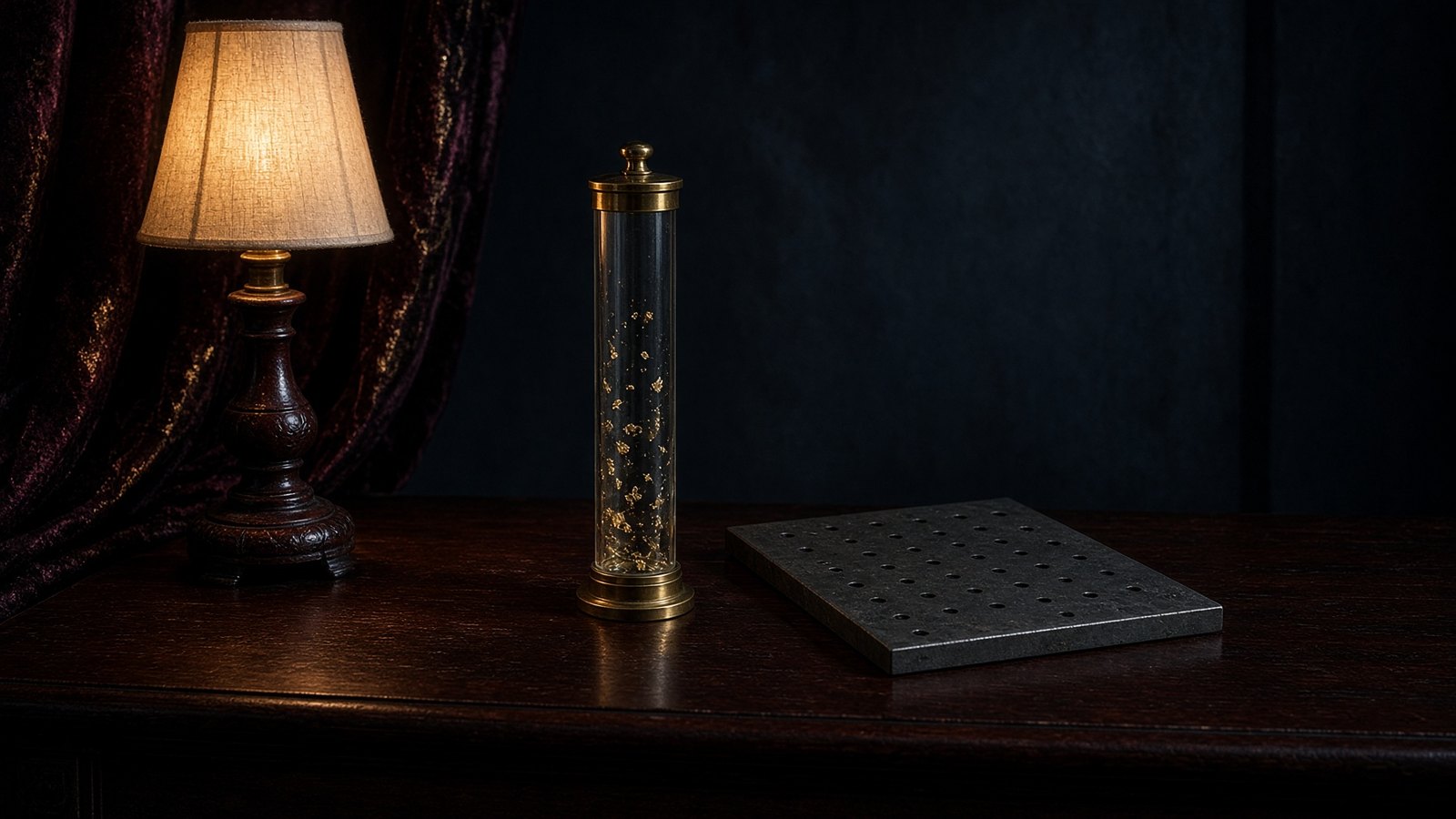 An empty brass-capped glass tube and a blank plate, the hour already gone.