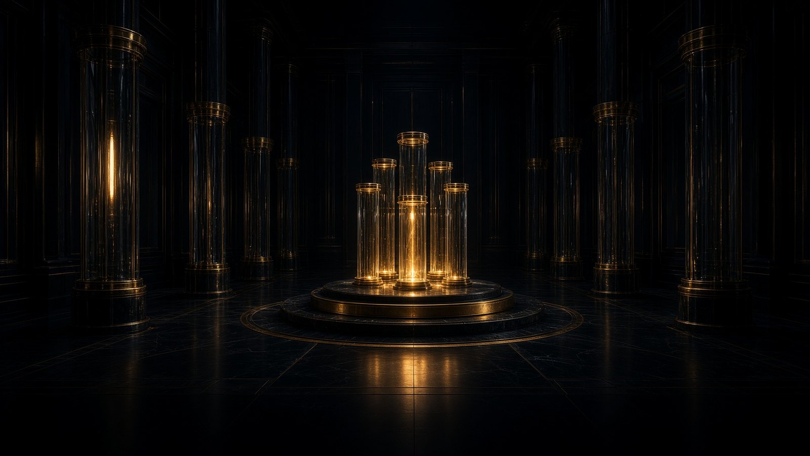 The vault empty of people, one island of amber light.