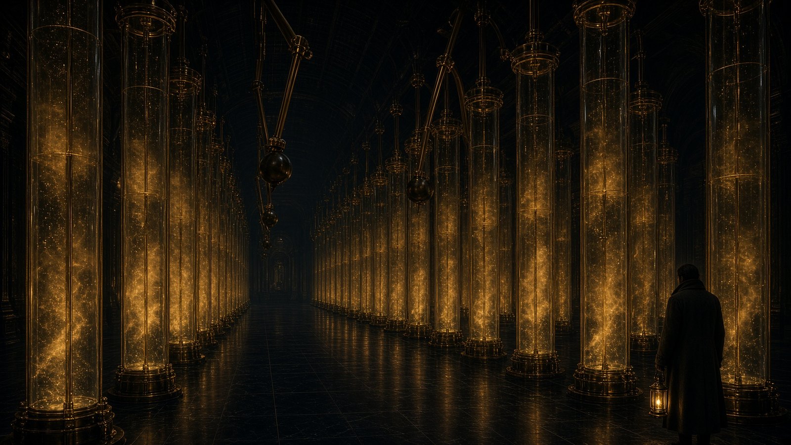 A vault of brass-framed glass cylinders, gold vapor inside, one figure at the edge with an unlit lantern.
