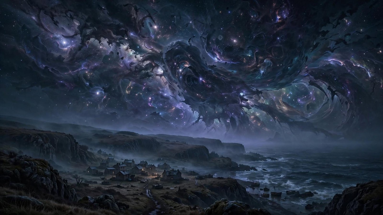 Coastal lights under a vast swirl. Pull back far enough and the city is dust.