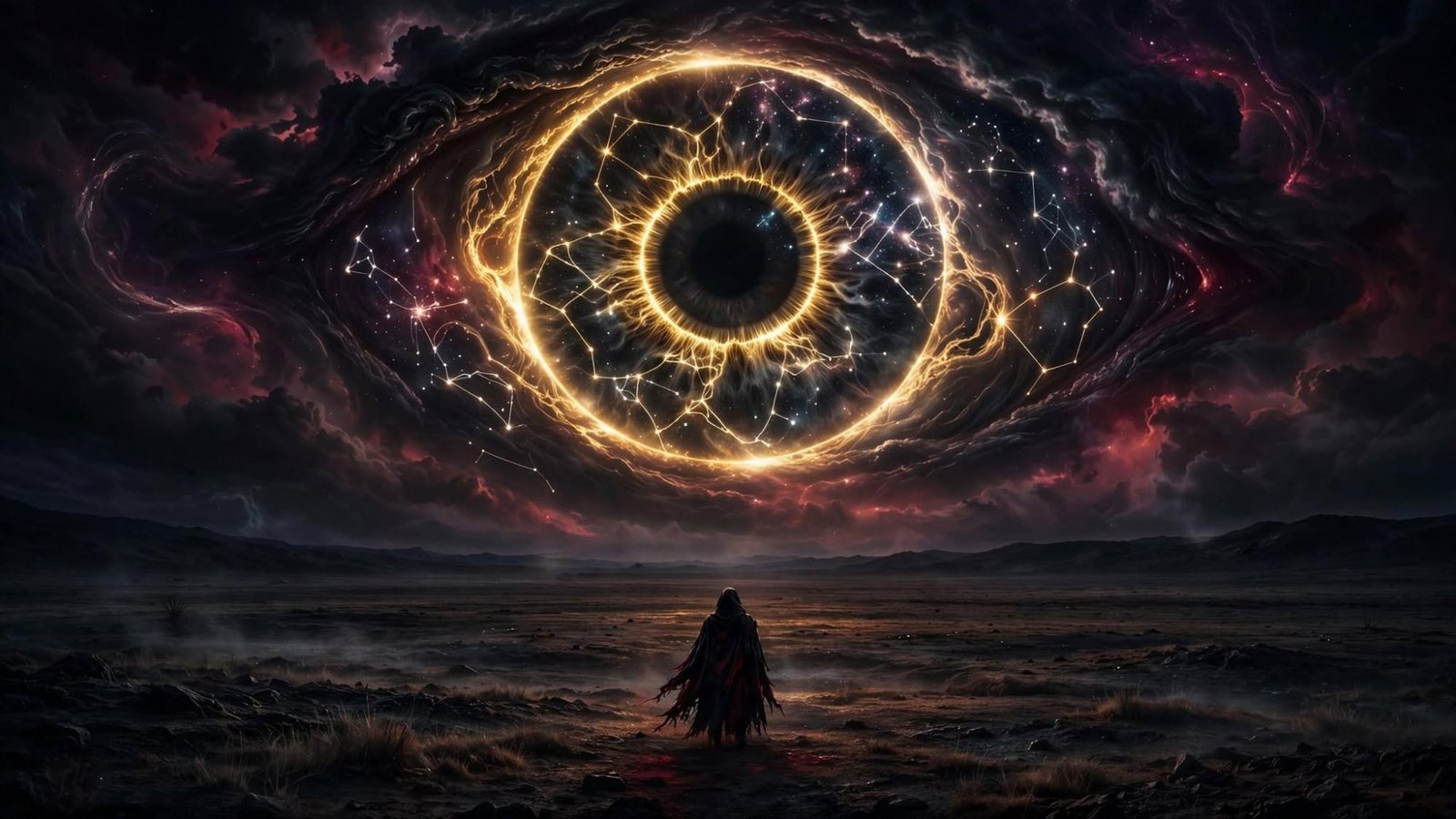 A cloaked figure under a golden eye. The pupil is where the weather should be.