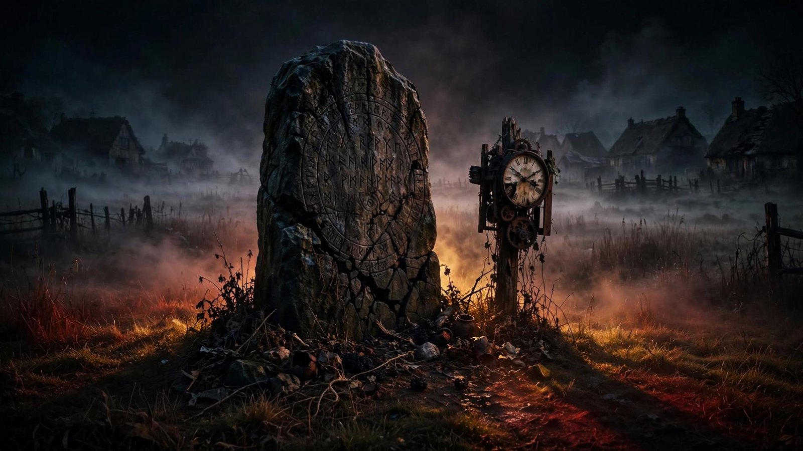 A standing stone and a clock that has stopped agreeing with the night.