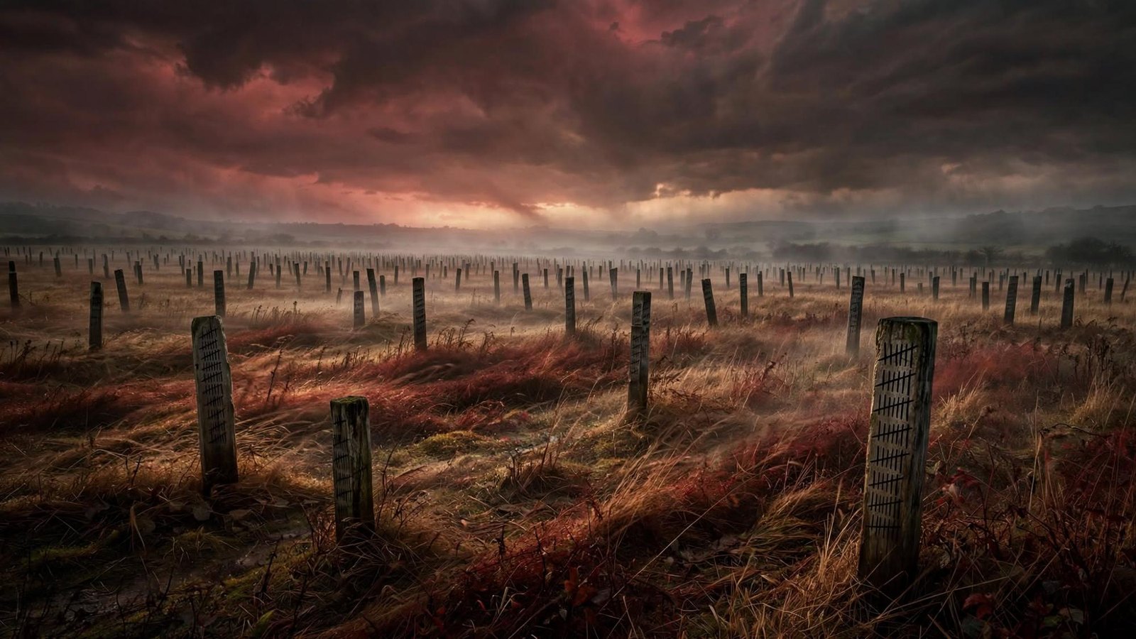 A field of posts. Someone has been counting who crosses.
