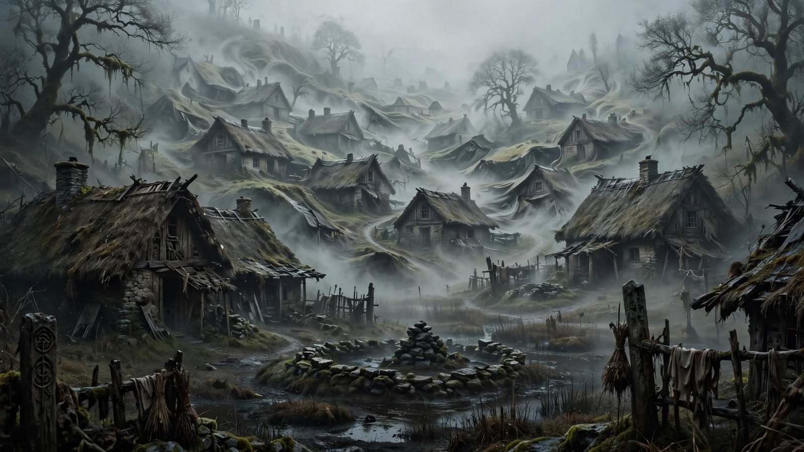 A village in the mist, with no road that would survive a map.
