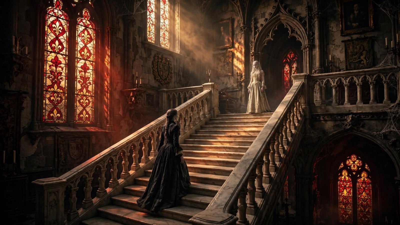 Two women on a stair. One climbs. One is already waiting.