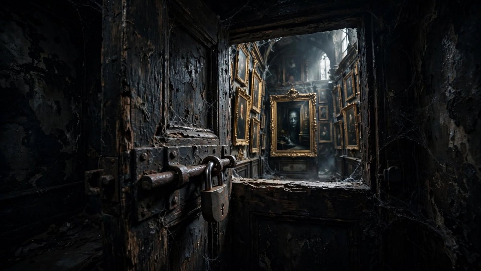 A locked door into a gallery of portraits. The lock is on this side.