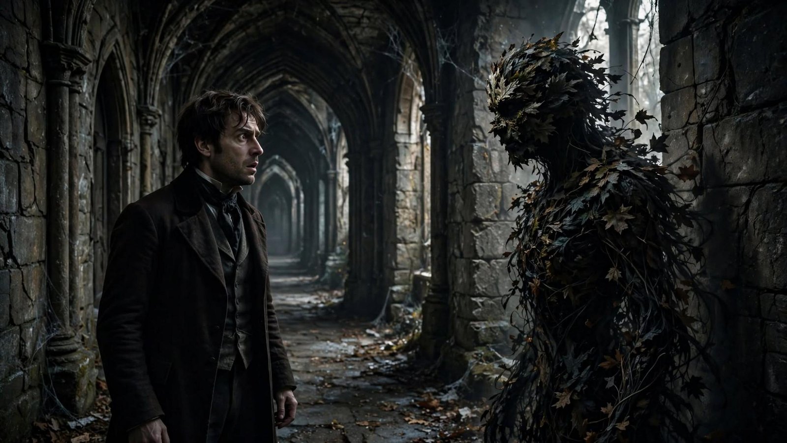 A living man and a figure of leaves. The shadow has turned and has a face.