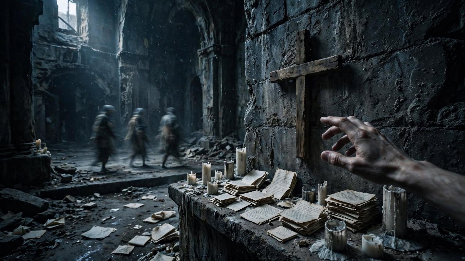 A hand short of a wooden cross. Papers on the step. Three figures already leaving the nave.