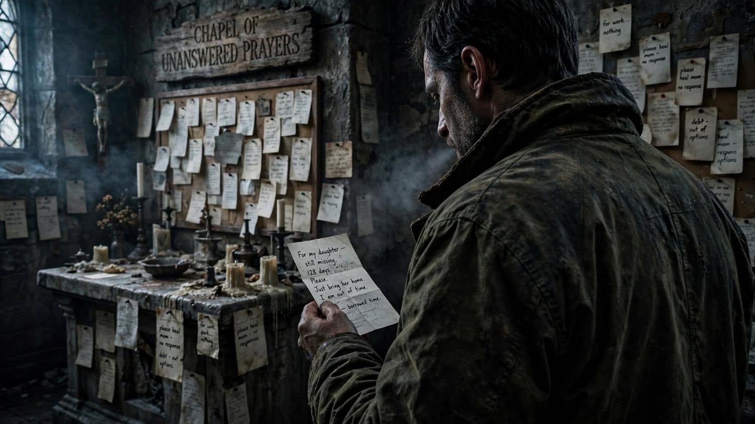 A man in a worn coat reads one prayer. The wall behind him is papered with the rest.