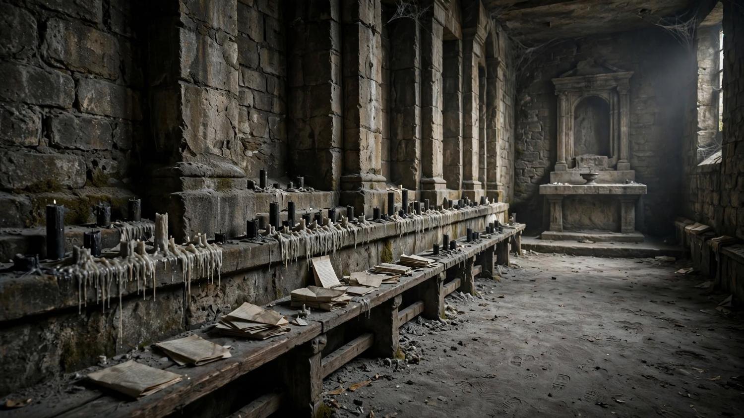 A stone chapel. Candles along the ledge, open papers, an empty niche at the end.