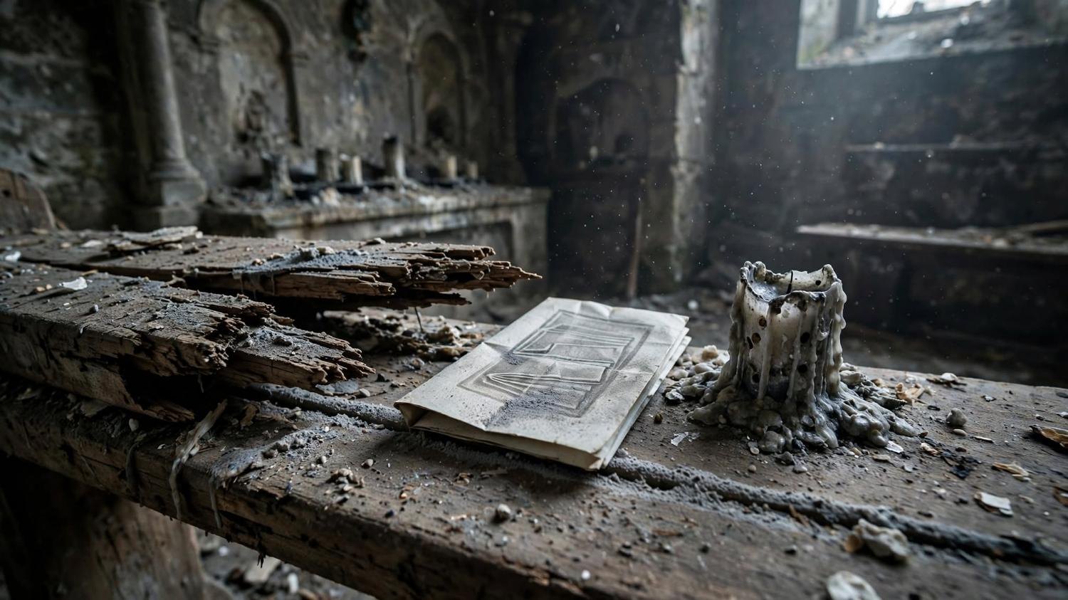 A candle burned into a stump, and a scorched book, taken off the chapel ledge.