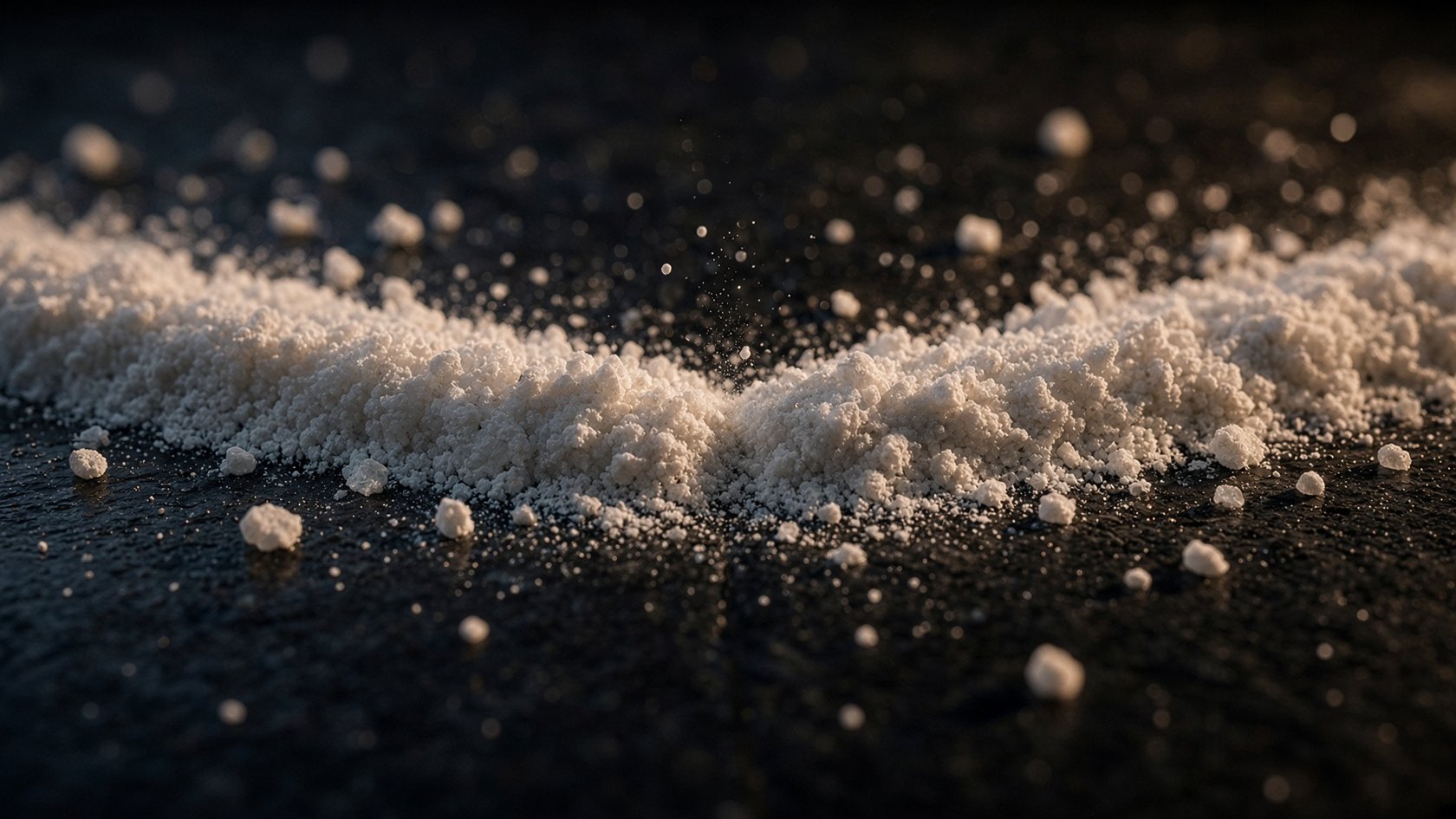 Two ends of a salt and chalk line meeting on black stone, with a small puff of dust at the join