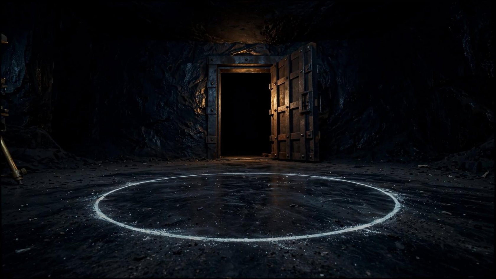 A closed circle of salt and chalk on a dark vault floor, an iron door open onto black
