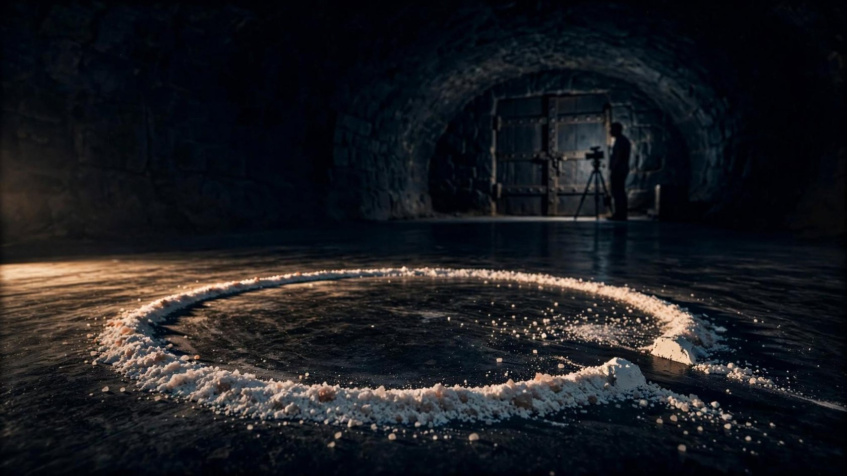 A salt and chalk circle with a gap, a camera, and a figure beside a closed iron door