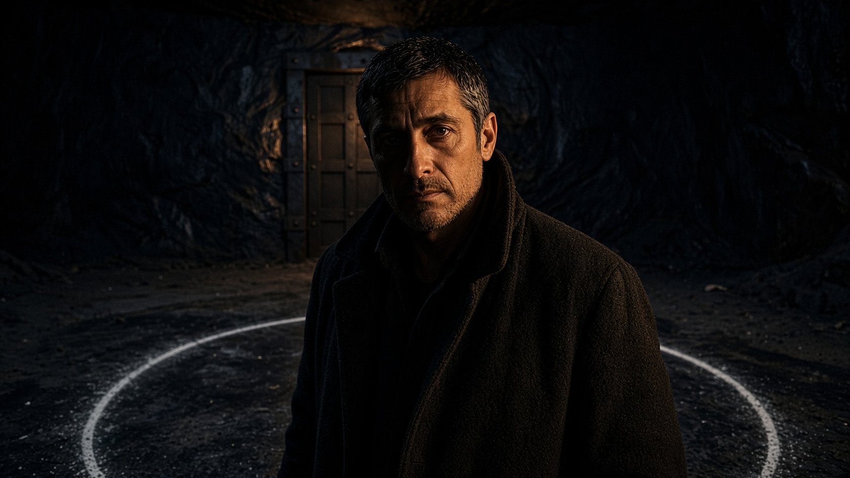A tired man in a dark wool coat standing before a pale circle on a vault floor, looking into the lens