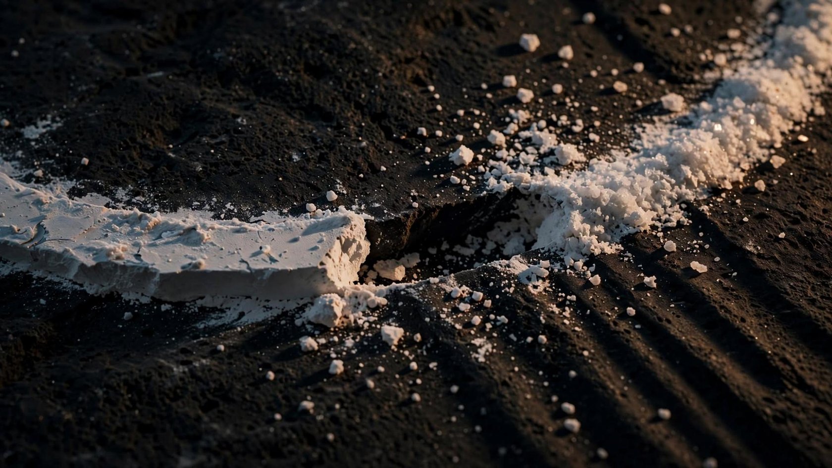 A break in a band of salt and chalk on dark stone