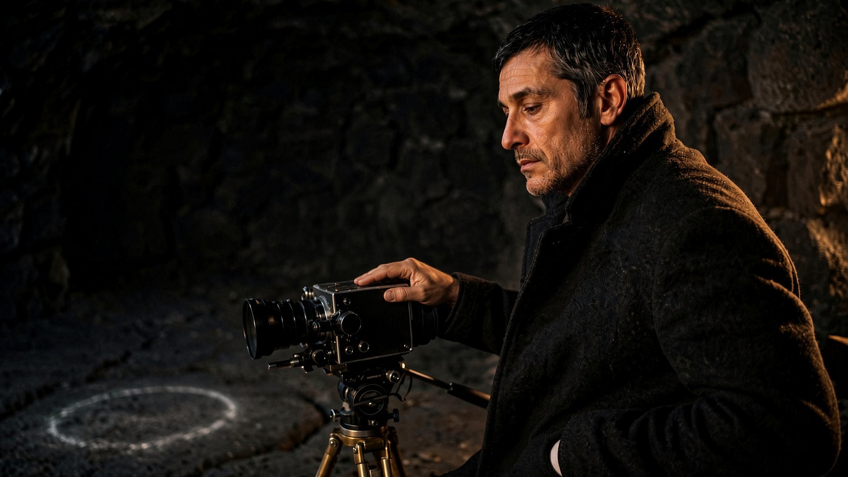 A man with his eye lowered from a film camera in a still vault