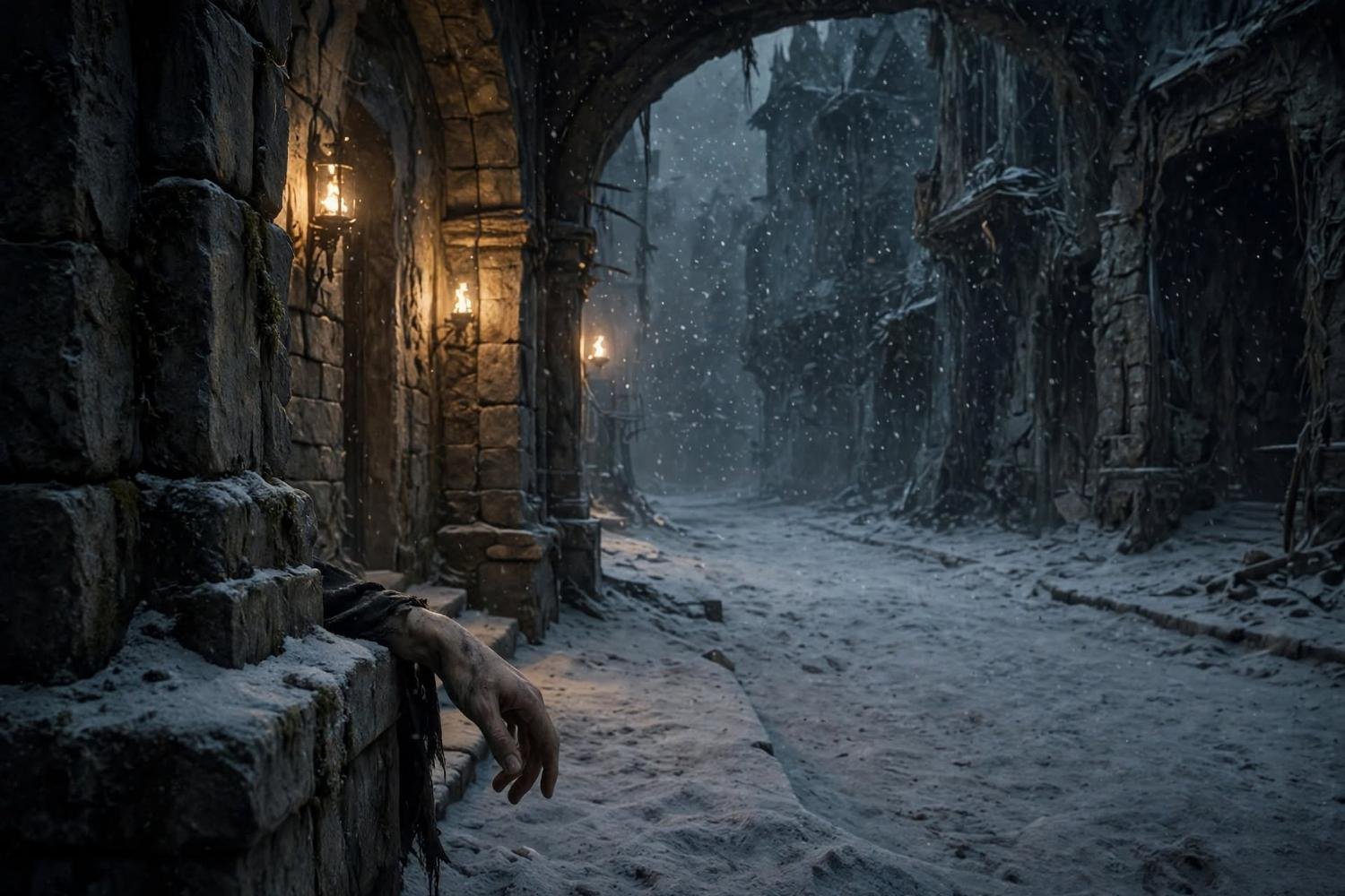 The ash street after, a hand left hanging at the wall