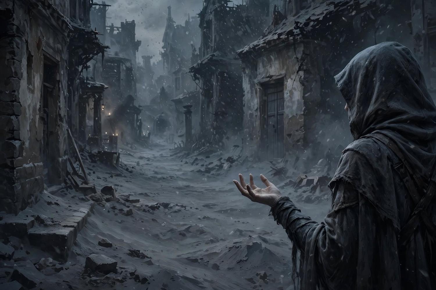 A hooded figure at the edge, palm open, the street empty