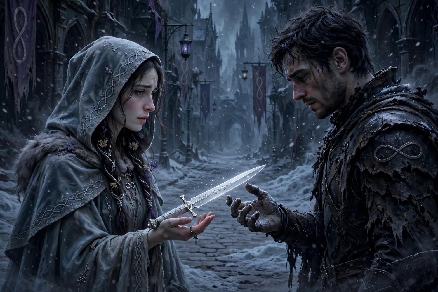 She offers the blade by the handle. He does not take it