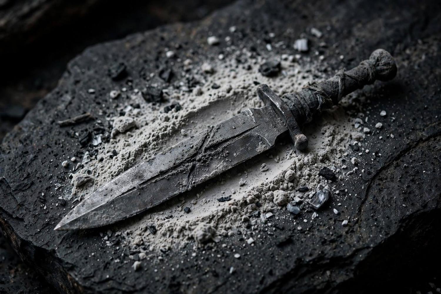 The blade laid in soft ash