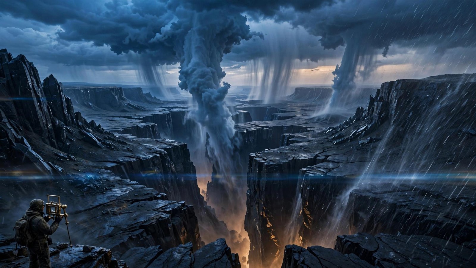 A figure alone on a basalt ridge. The canyon is open under the storm.