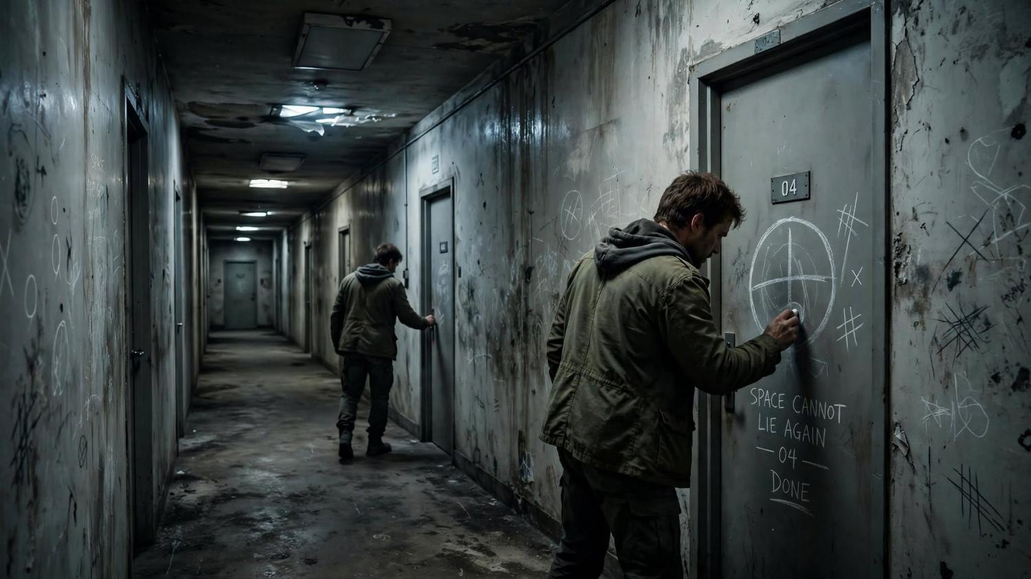 He marks the door so the space cannot lie to him again.