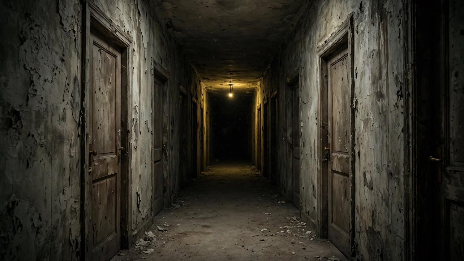 Identical doors. One light ahead. The corridor does not announce itself.