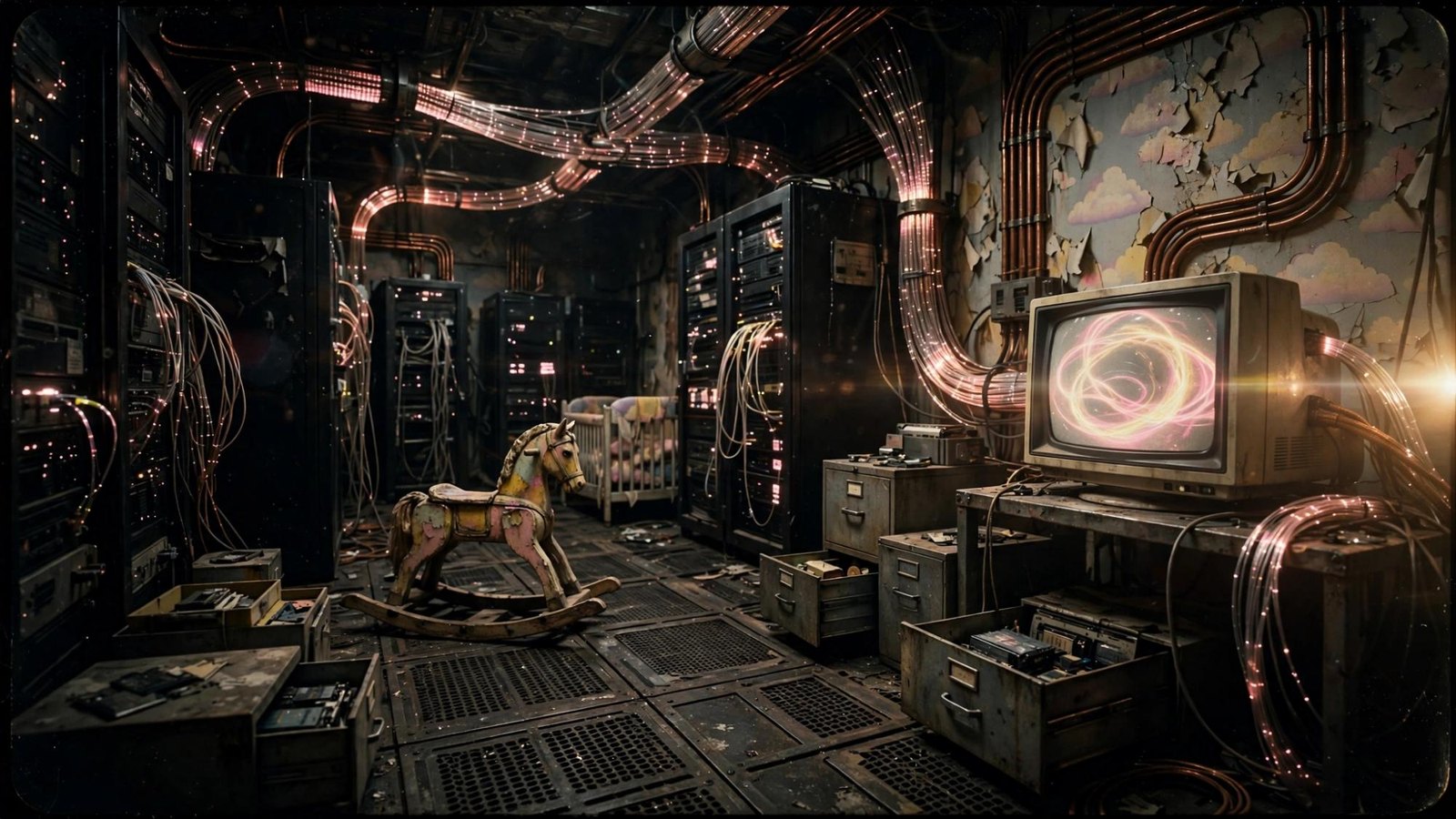 A wooden rocking horse and a birthday cake inside a dark server hall.