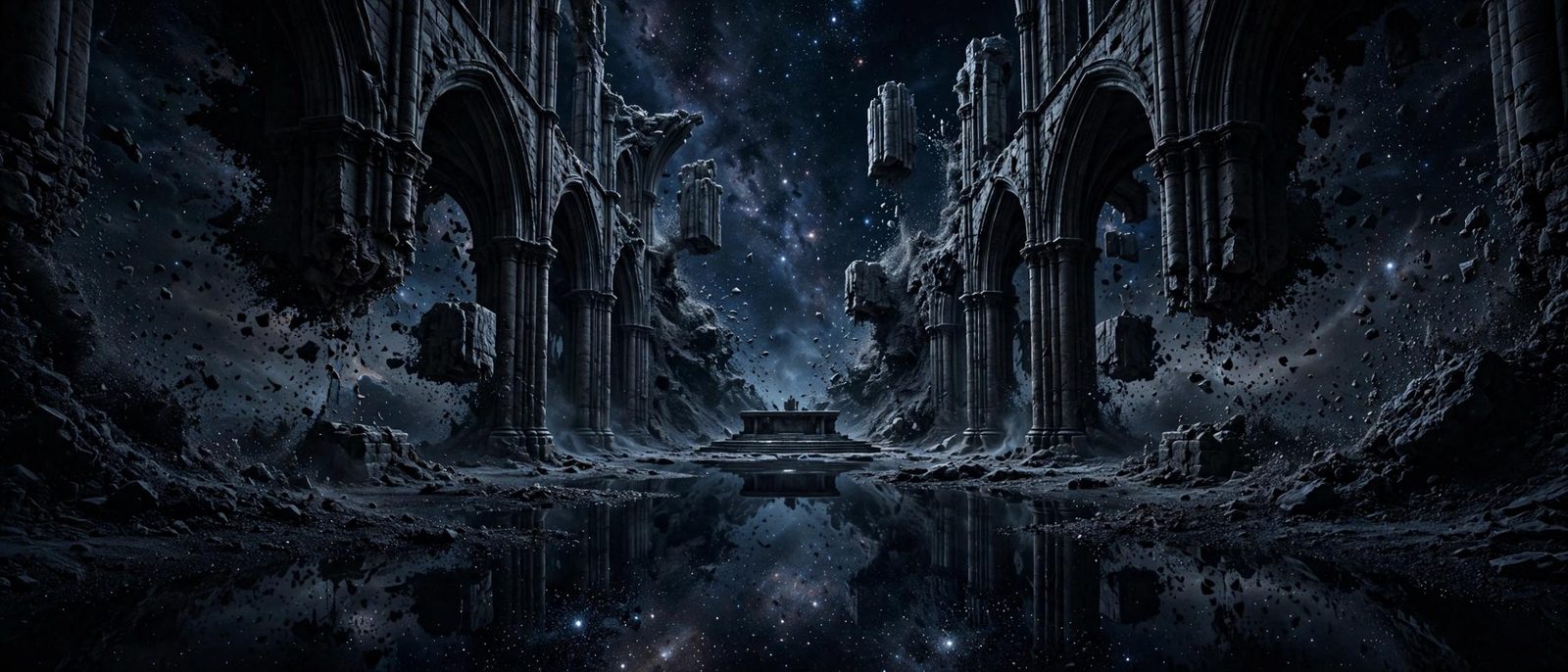 Cathedral stones lifted over black water, the altar still trying to be an altar.