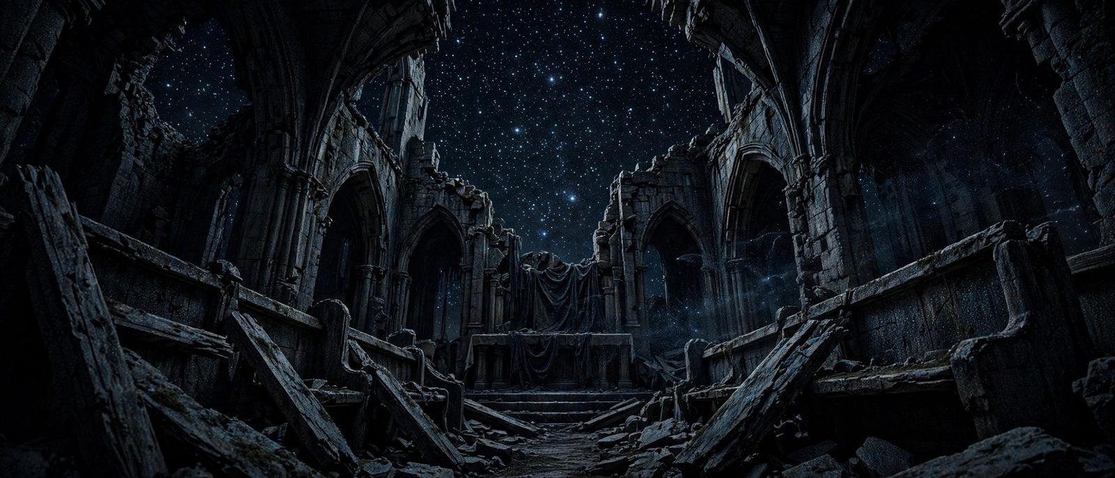 Broken pews and tattered cloth, the altar waiting under an absent roof.