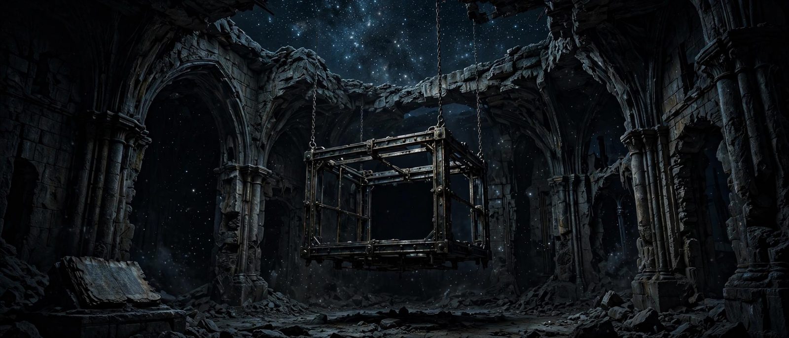 A cage hung in the ruin, too large for a person and too still for weather.